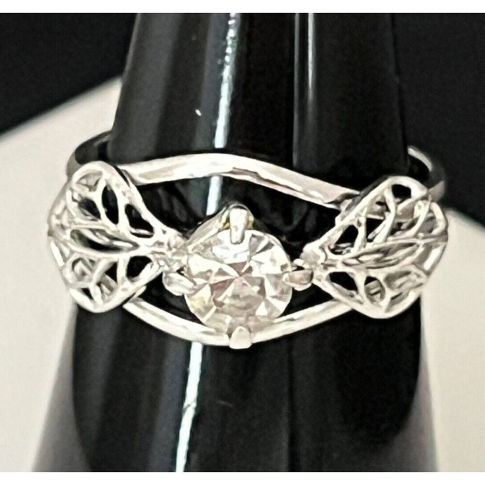 Vintage 1960s Ring Silver Tone Prong Set Crystal Retro Mid Century Modern - 4J